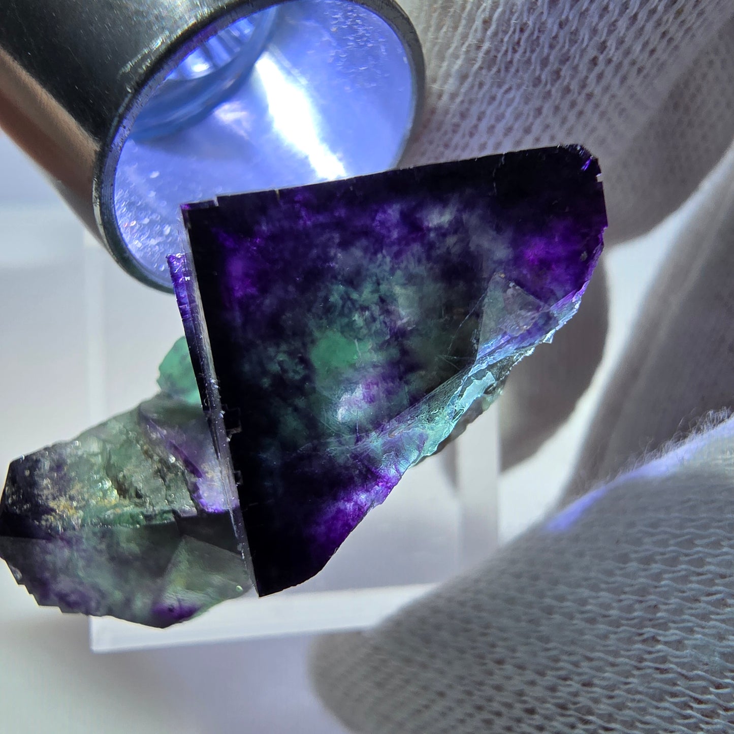 Spécimen rare de cube de fluorite fantôme, vert-violet zonal, Okorusu, Namibie, 37 x 23 x 15 mm