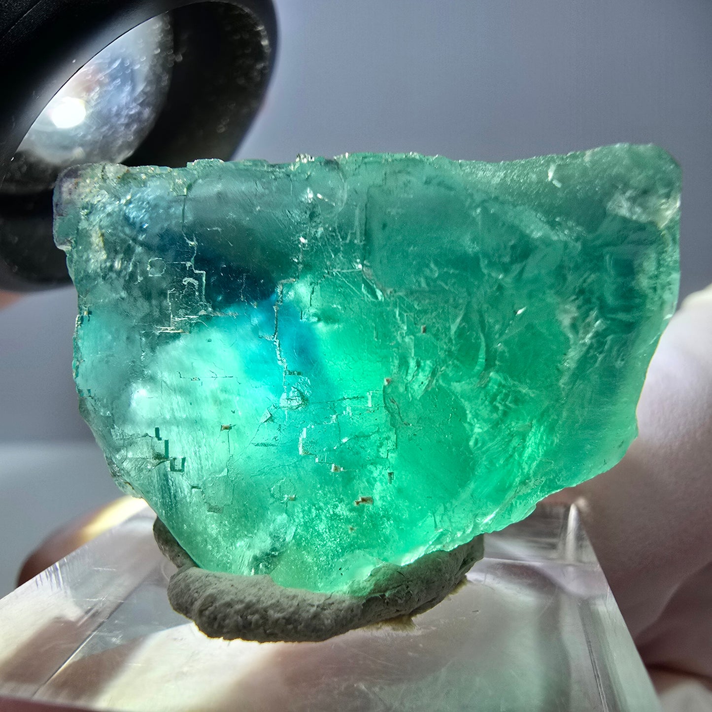 Cube de fluorite fantôme transparente parquetée, vert Okorusu, Namibie 30 x 23 x 21 mm