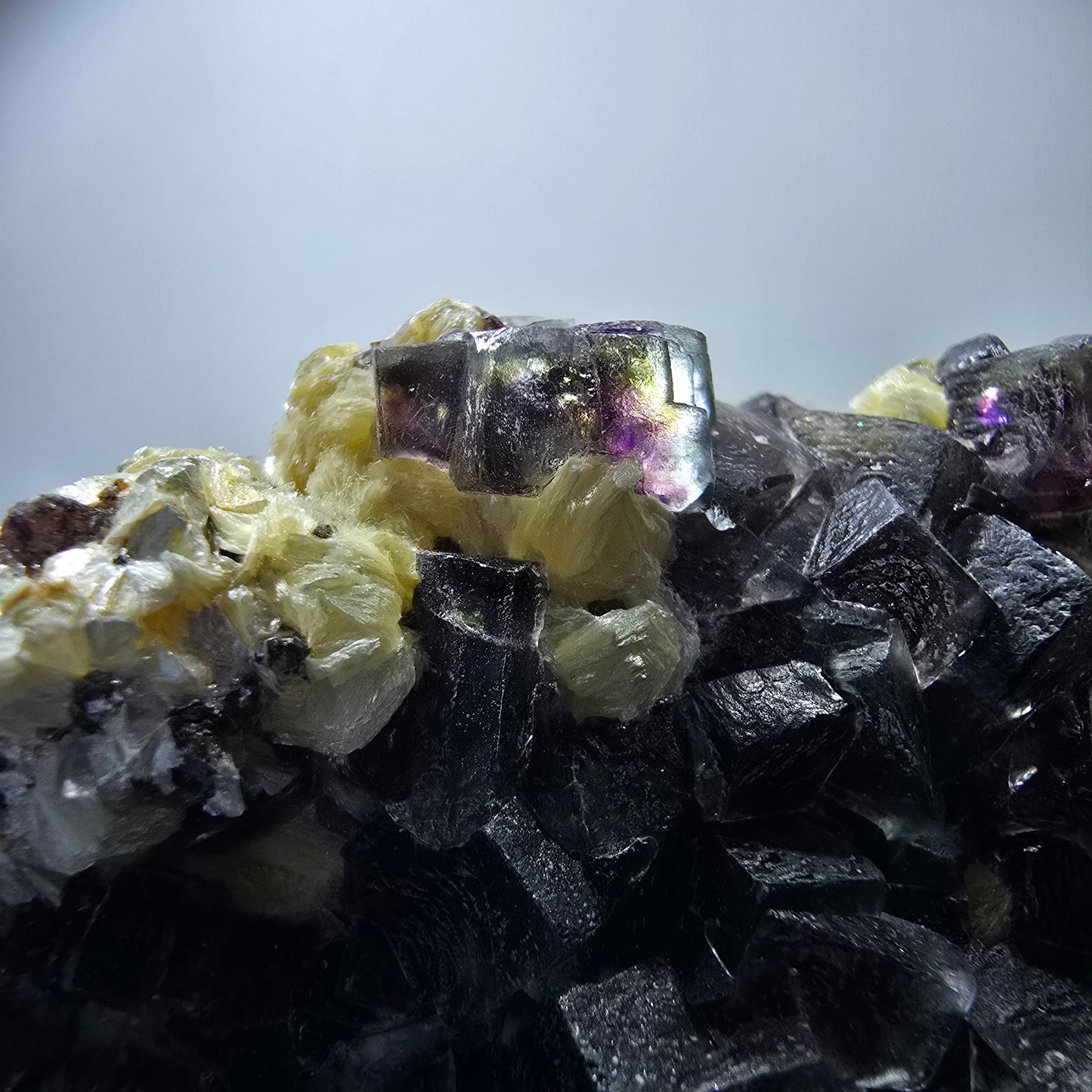 Cubes de fluorite fantôme colorés, spécimen de muscovite, Erongo, Namibie, 71 x 56 x 35 mm