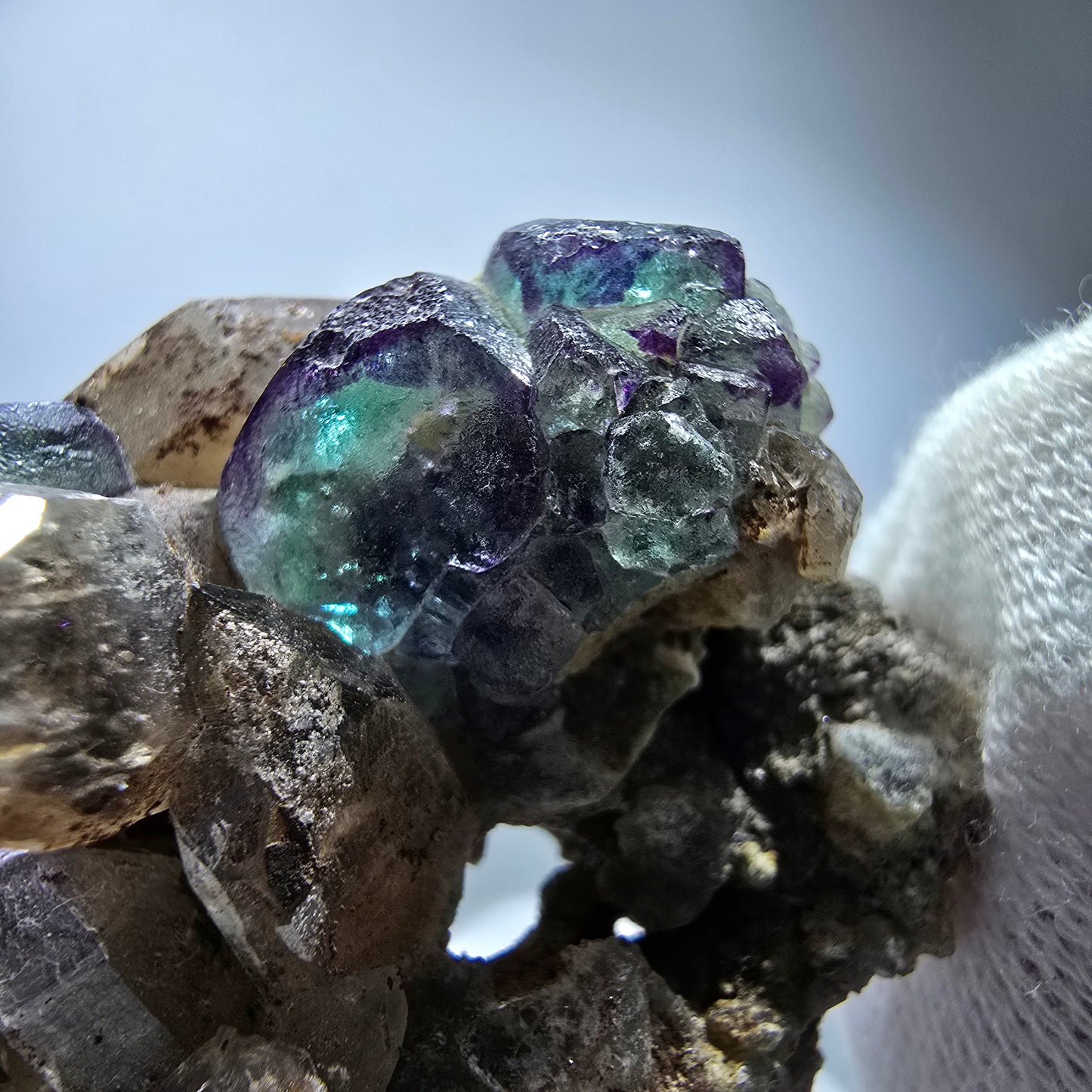 Phantom Fluorit Würfel, Rauchquarz, Hyalit Stufe Erongo, Namibia 48*36*21mm