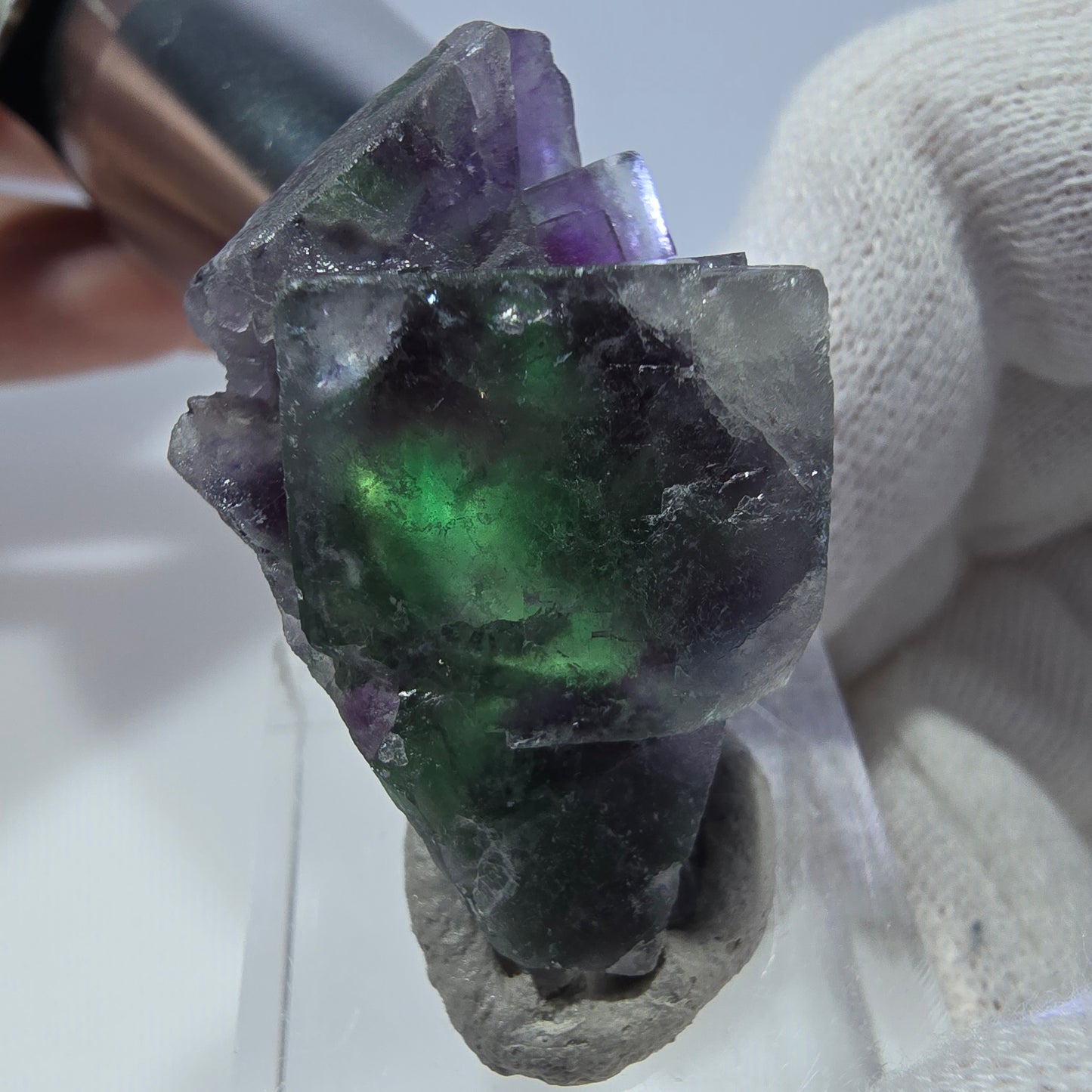 Spécimen rare de cube de fluorite fantôme, vert zonal et violet, Okorusu, Namibie, 40 x 23 x 18 mm
