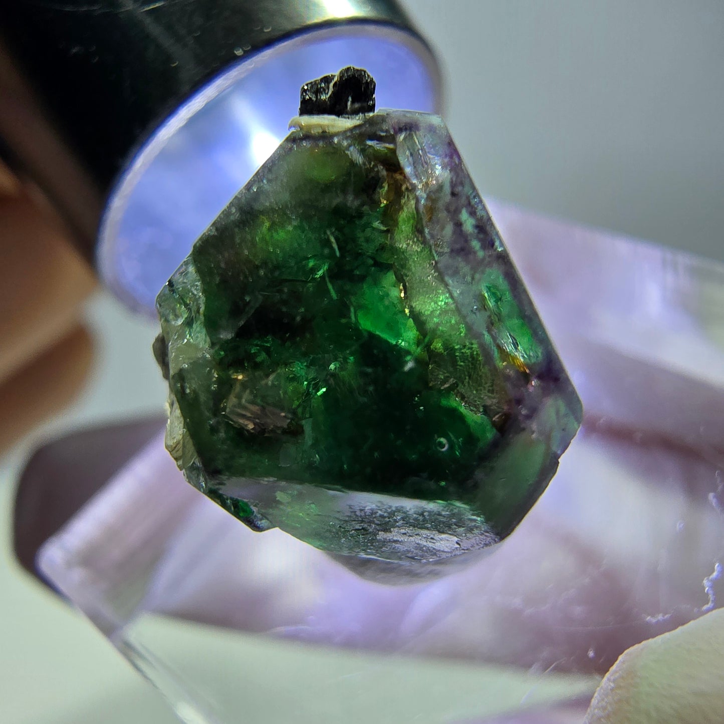 Cube hexagonal de fluorite fantôme, muscovite, tourmaline Schörl, Erongo, Namibie, 14 x 13 x 13 mm