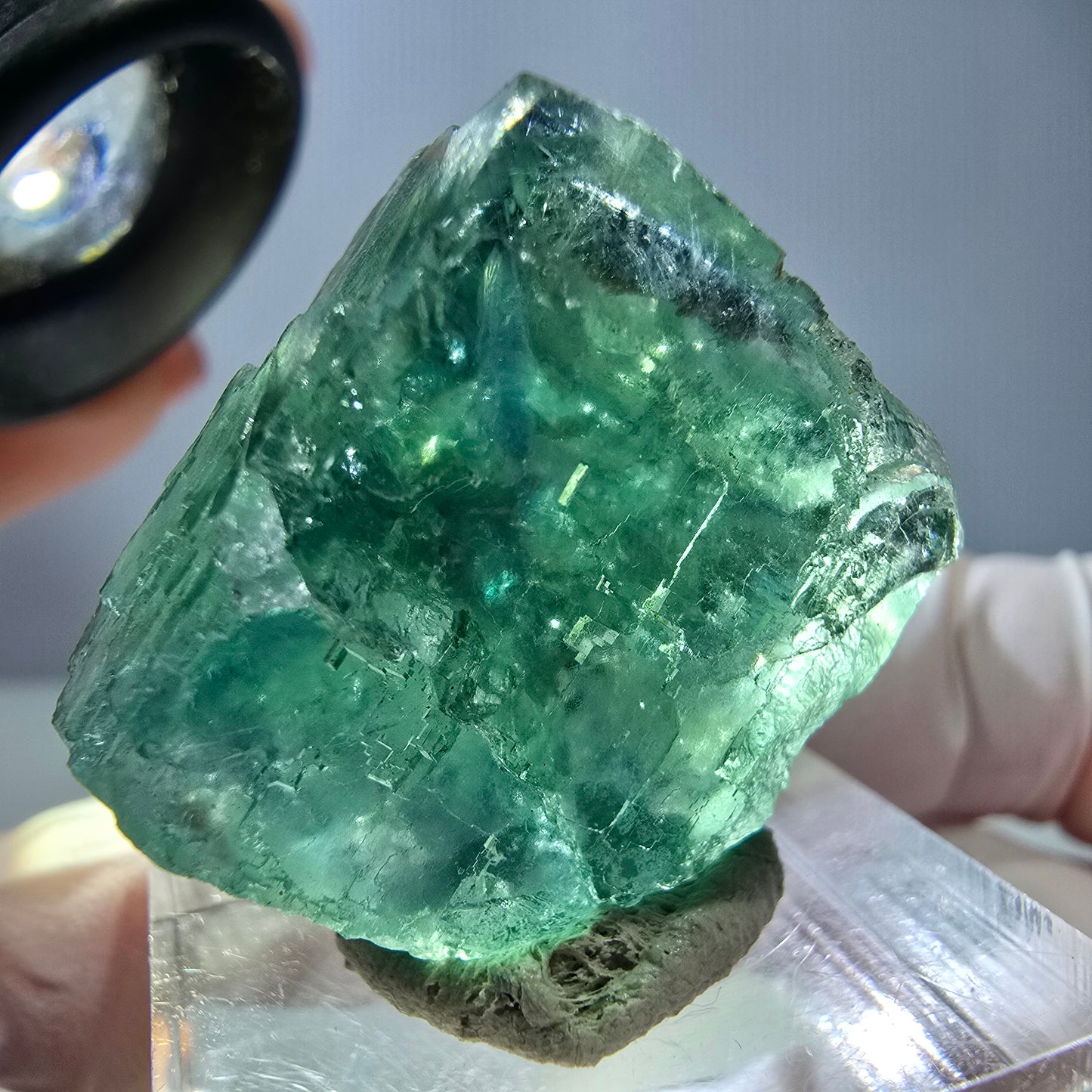 Cube de fluorite fantôme transparente parquetée, vert Okorusu, Namibie 23 x 22 x 15 mm