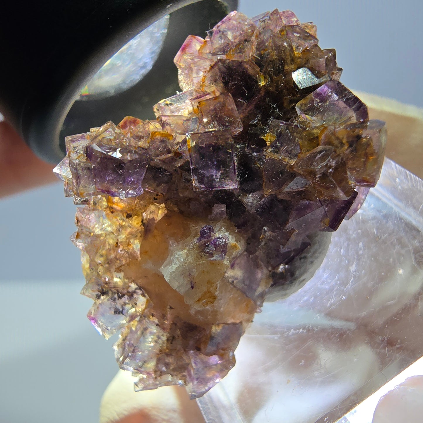 Spécimen de cube de fluorite fantôme, violet-jaune, Okorusu, Namibie, 36 x 27 x 15 mm