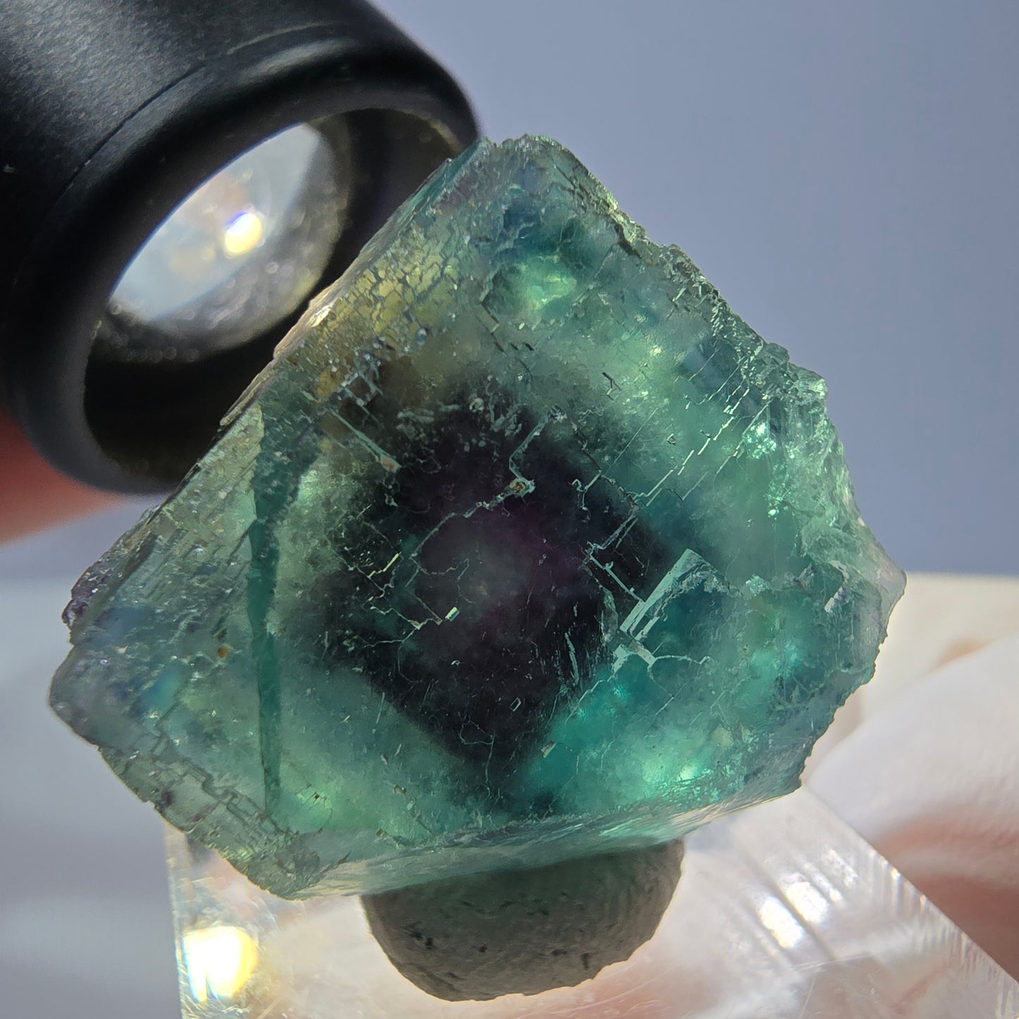 Cristal de fluorite fantôme transparent, cube vert-violet, Okorusu, Namibie, 24 x 24 x 20 mm