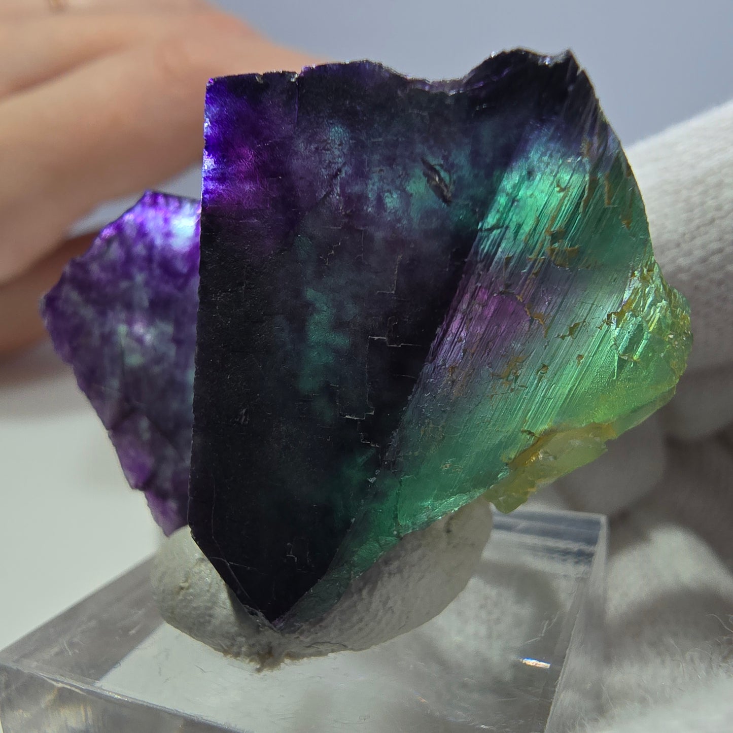 Spécimen de cube de fluorite fantôme transparente, vert-violet zonal, Okorusu, Namibie, 42 x 28 x 24 mm