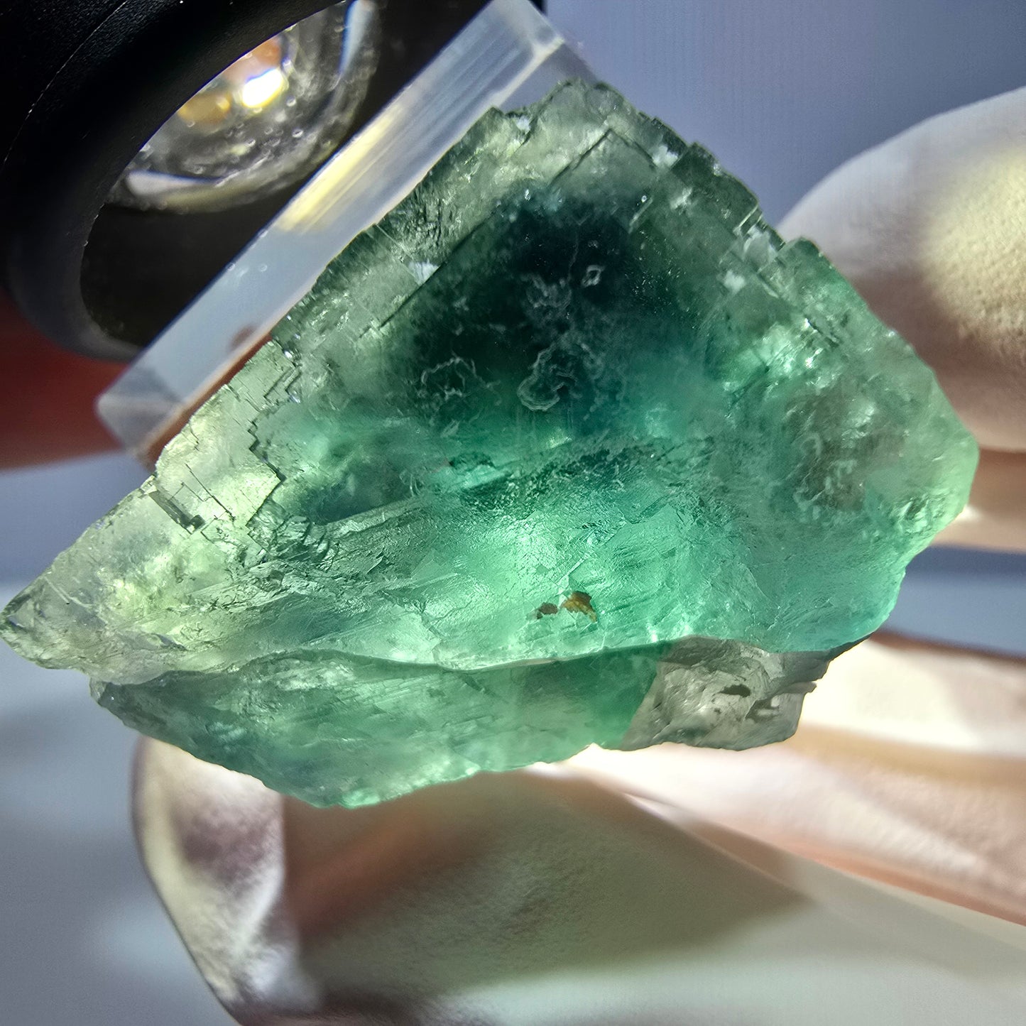 Cube de fluorite fantôme transparente parquetée, vert Okorusu, Namibie 28 x 23 x 18 mm