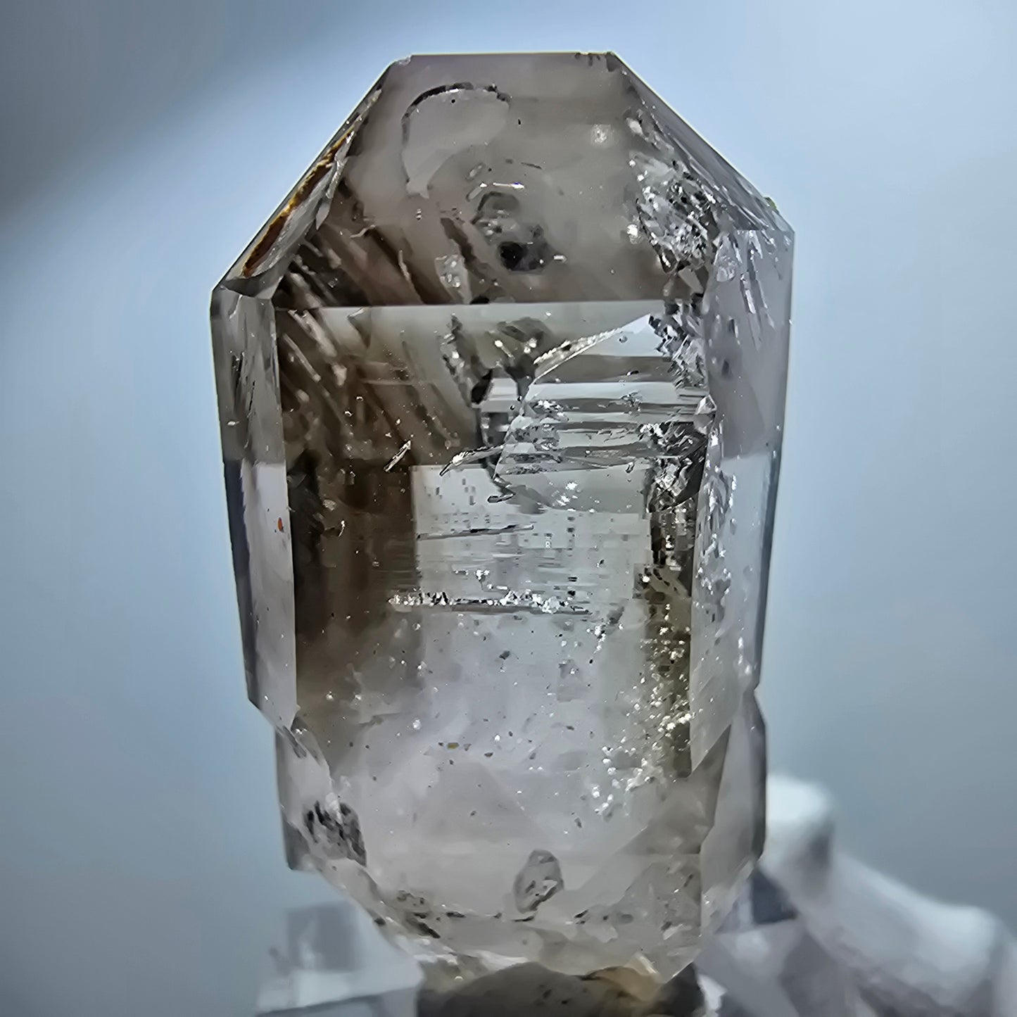 Pointe de sceptre en quartz fumé fantôme transparent, Goboboseb, Namibie, 44 x 21 x 18 mm