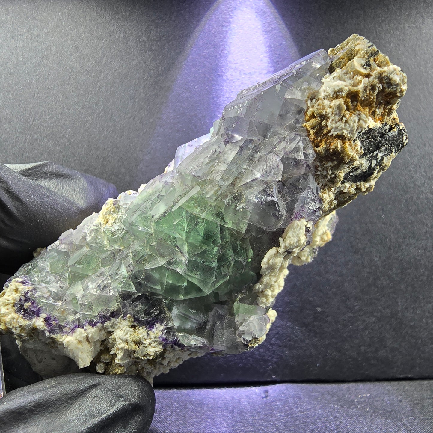 Phantom Fluorit Muskovit Orthoklas auf Schörl Turmalin 74*37*34mm Erongo Namibia