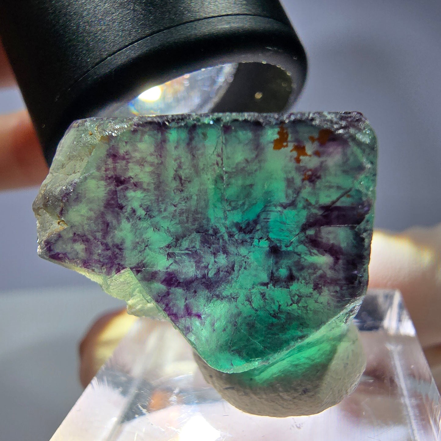 Rare cube de fluorite fantôme parqueté vert violet Okorusu Namibie 23*21*19mm