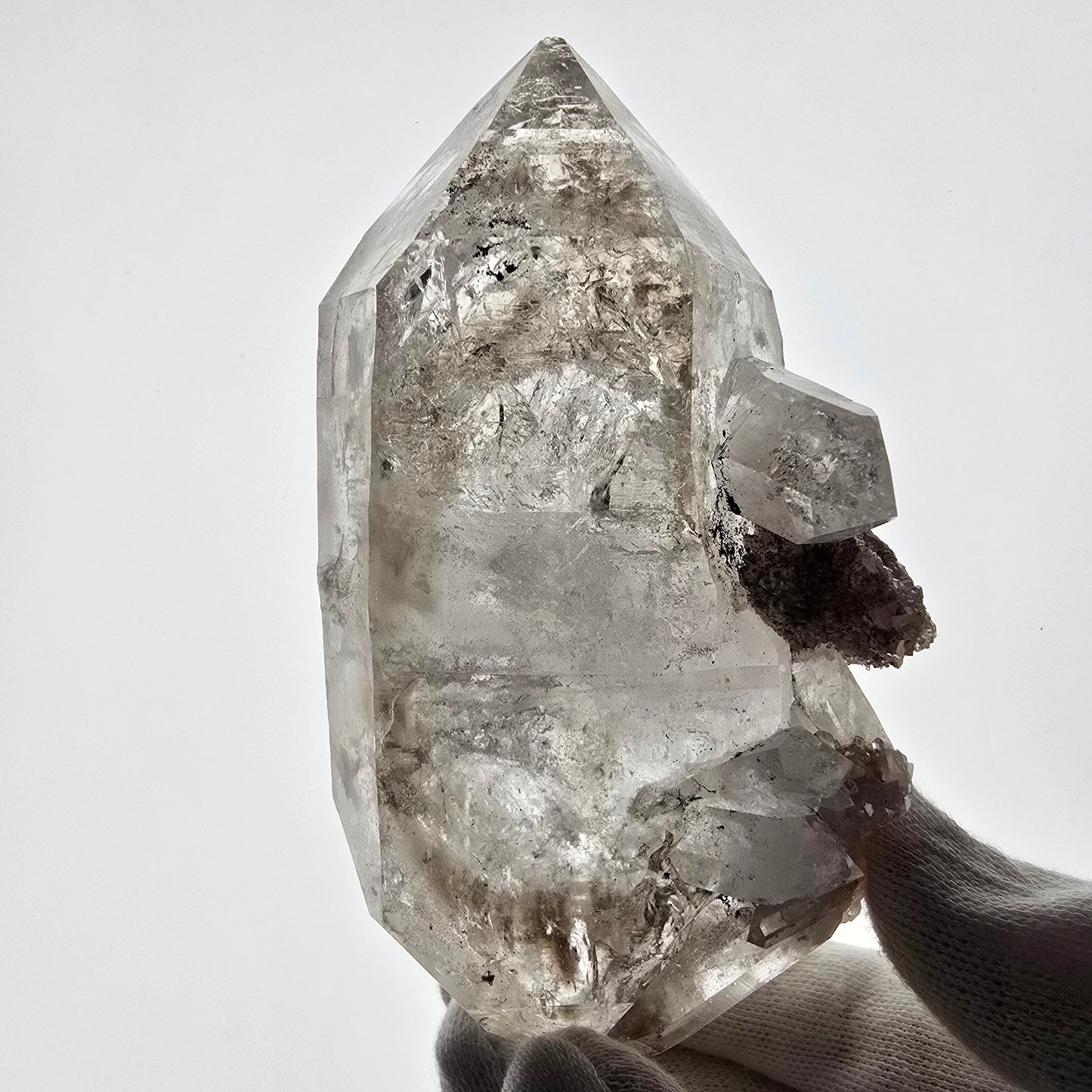Sceptre DT Enhydro Skeleton Smoky Quartz, 2 gobos de poche Bubble Valentine. Namibie 126 x 66 x 50 mm