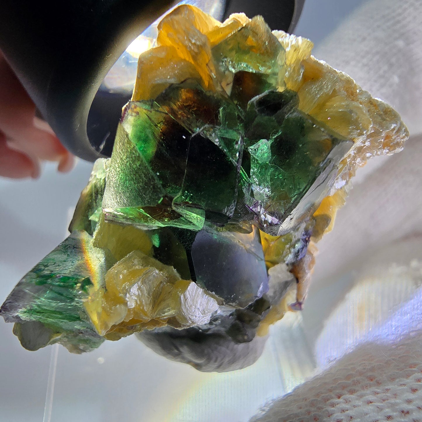 Cube de fluorite fantôme zonal, muscovite, spécimen d'hyalite, Erongo, Namibie, 27 x 30 x 22 mm