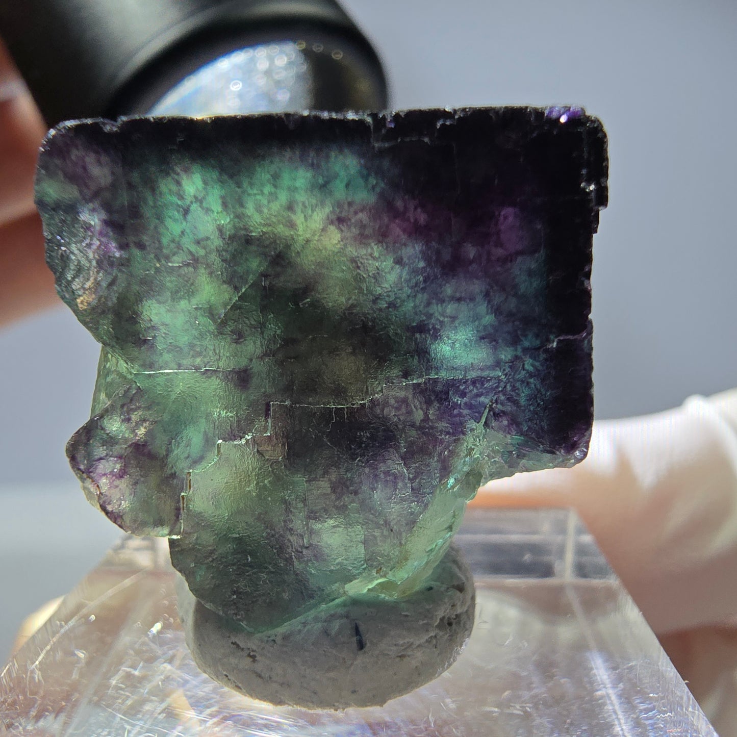 Rare cube de fluorite fantôme parqueté vert violet Okorusu Namibie 23*22*22mm
