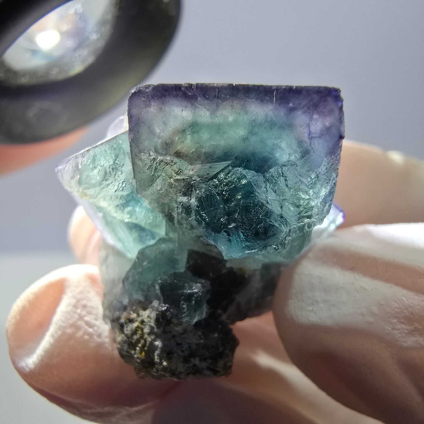 Rare cube de fluorite fantôme, spécimen de quartz vert violet Okorusu Namibie 29*24*20mm