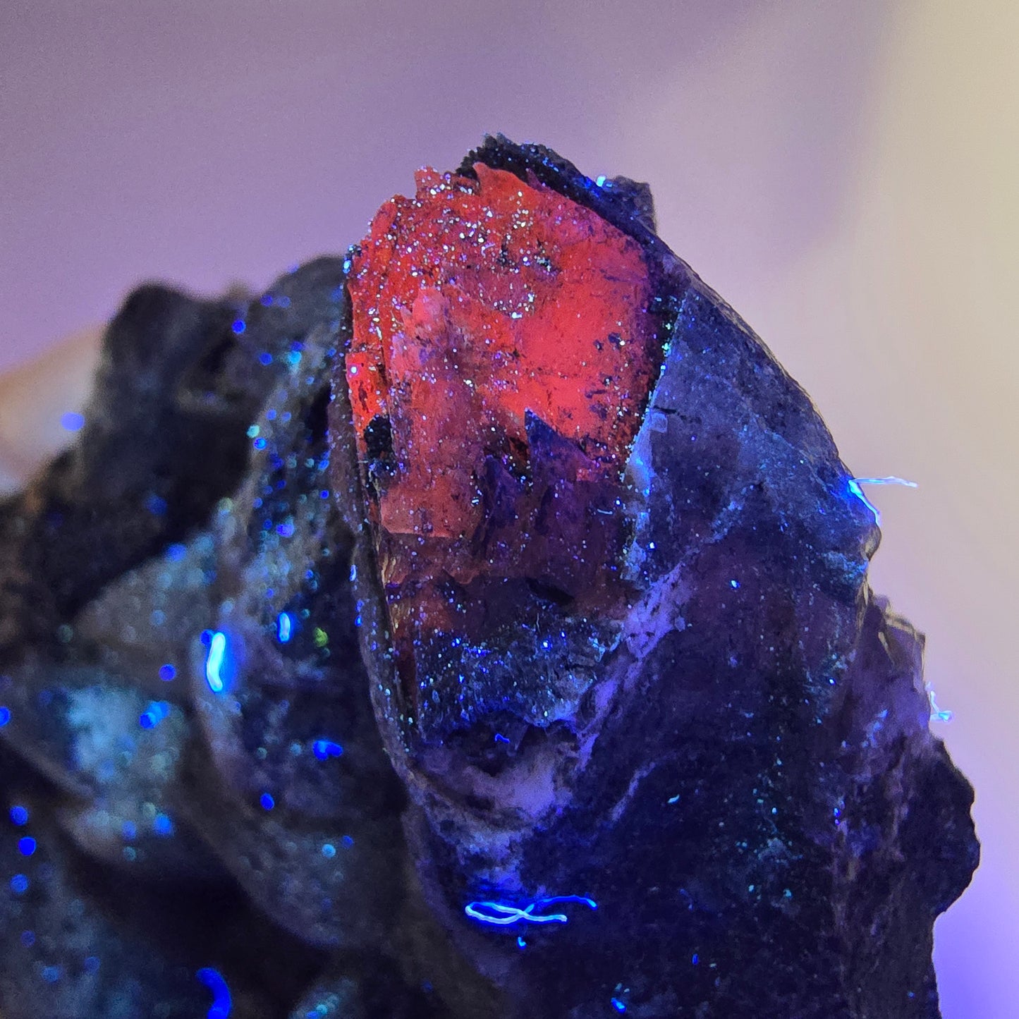 Sceptre en quartz fumé squelette, spécimen de calcite UV, poche Saint-Valentin, Goboboseb, Namibie, 117 x 60 x 59 mm
