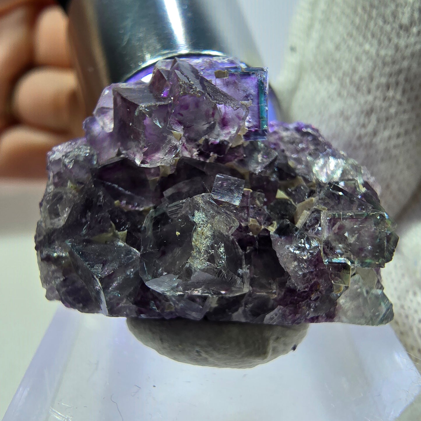 Spécimen de cube de fluorite fantôme transparente, vert-violet zonal, Okorusu, Namibie, 27 x 20 x 12 mm