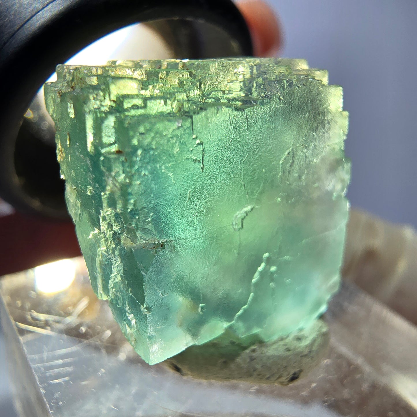 Cube de fluorite fantôme transparente parquetée, vert Okorusu, Namibie 19 x 18 x 15 mm