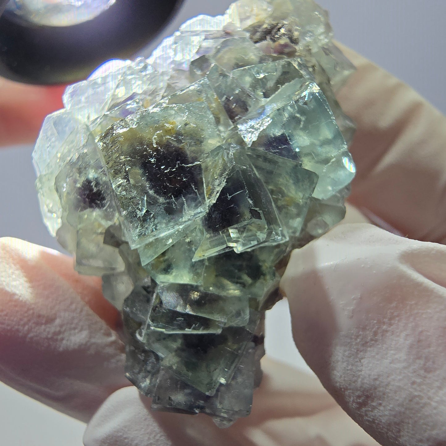 Spécimen de cube de fluorite fantôme transparente, vert-violet, Okorusu, Namibie, 45 x 35 x 19 mm