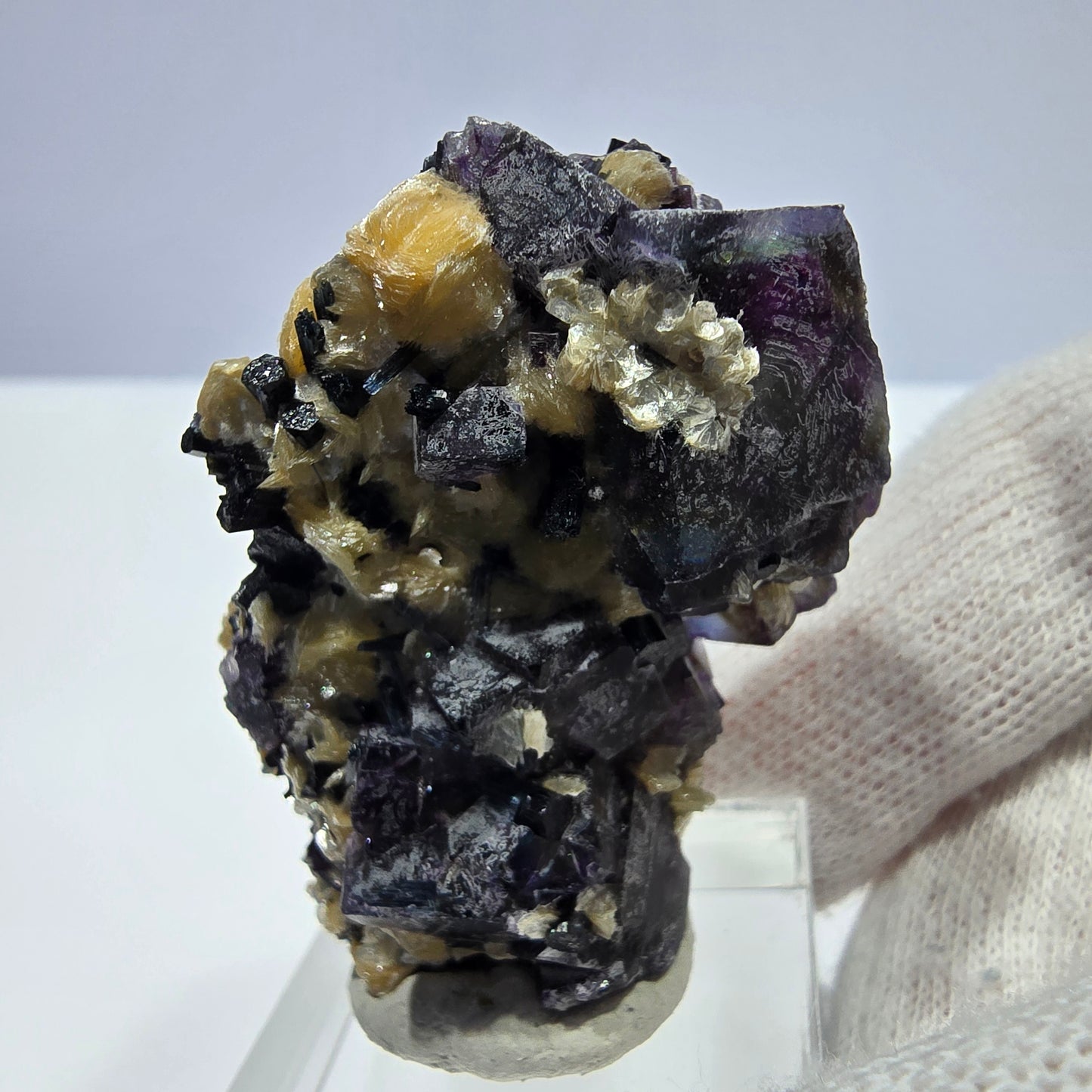 Spécimen de fluorite fantôme colorée et de tourmaline scholle muscovite, Erongo, Namibie, 44 x 29 x 22 mm