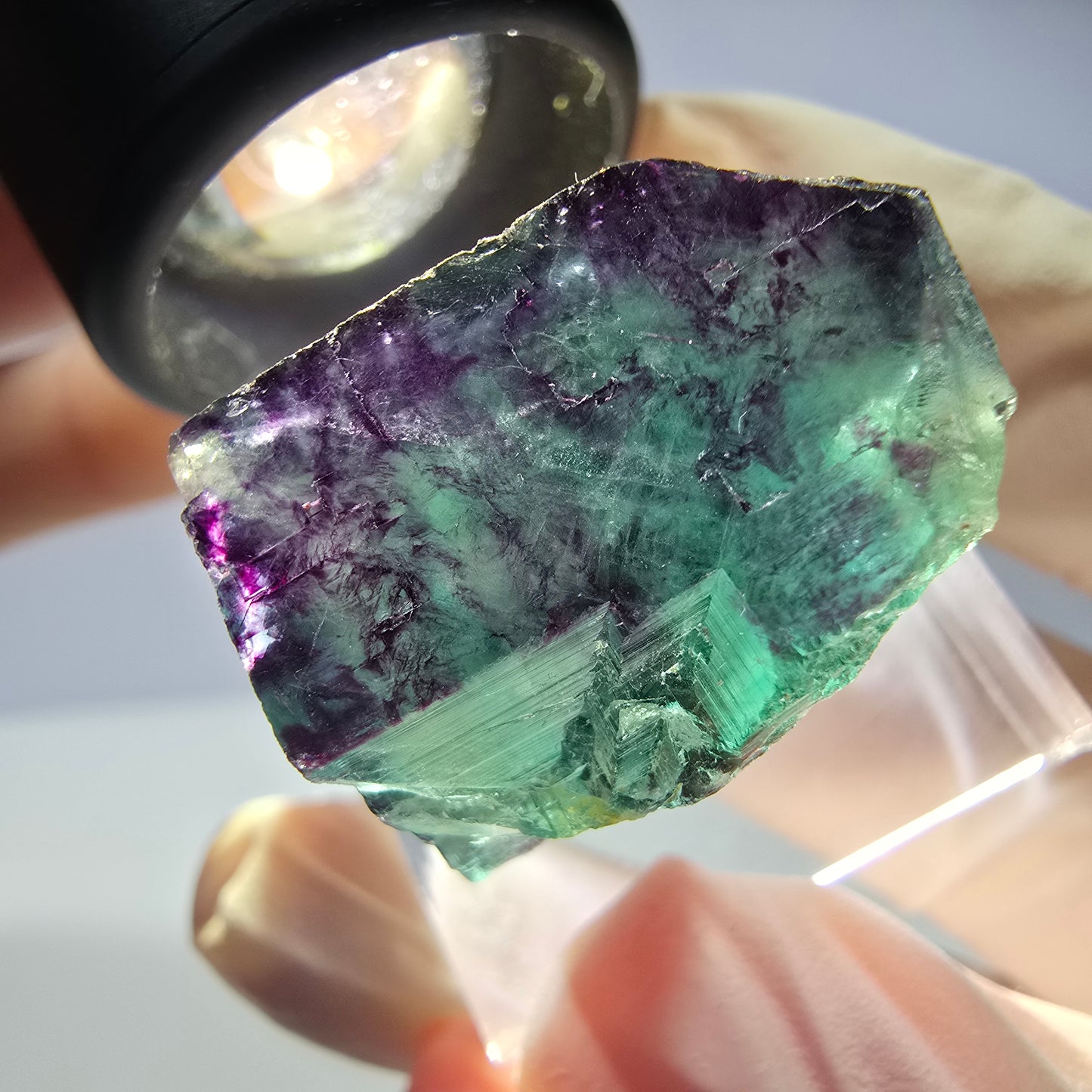Rare cube de fluorite fantôme parqueté vert violet Okorusu Namibie 23*21*13mm