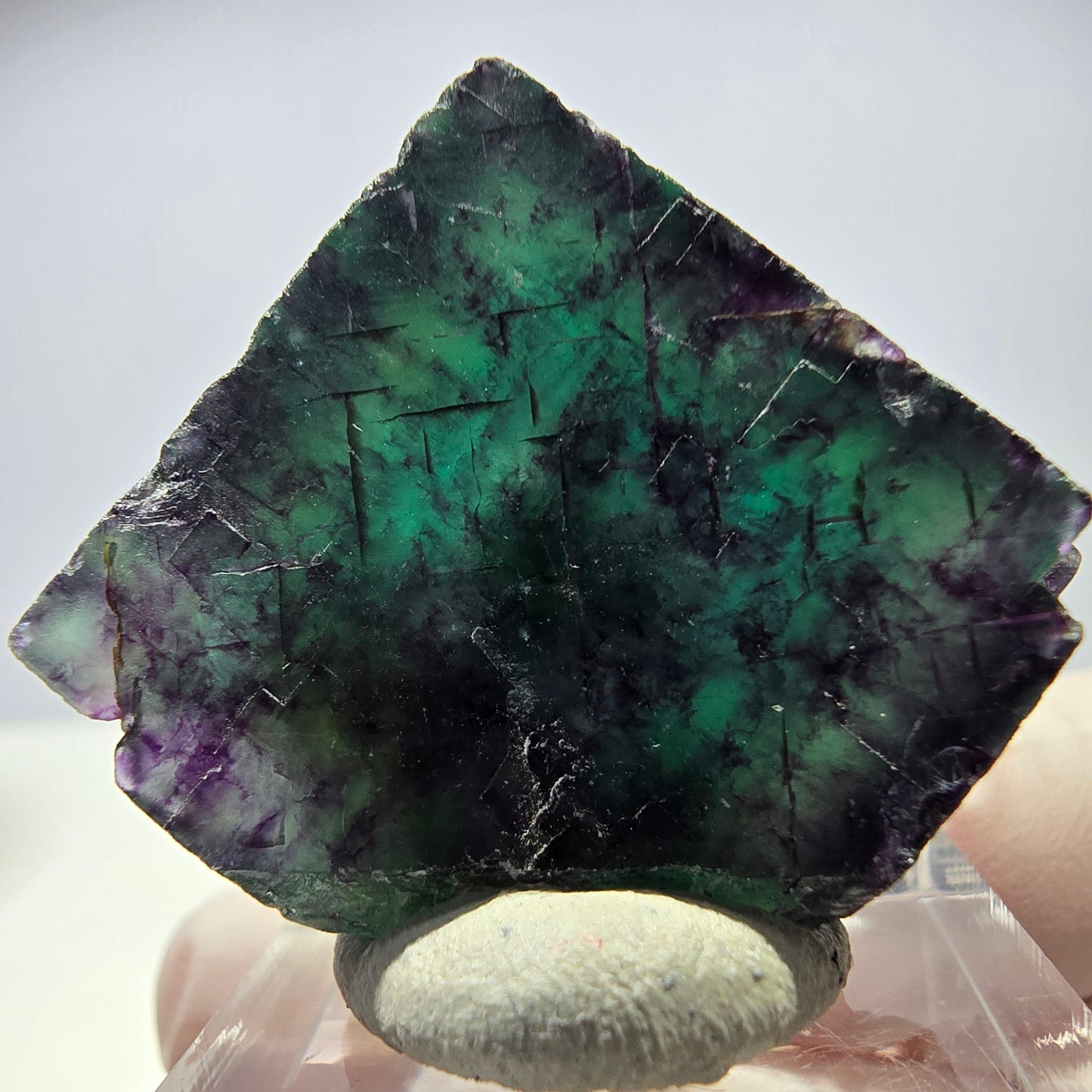 Rare cube de fluorite fantôme parqueté vert violet Okorusu Namibie 27*26*18mm