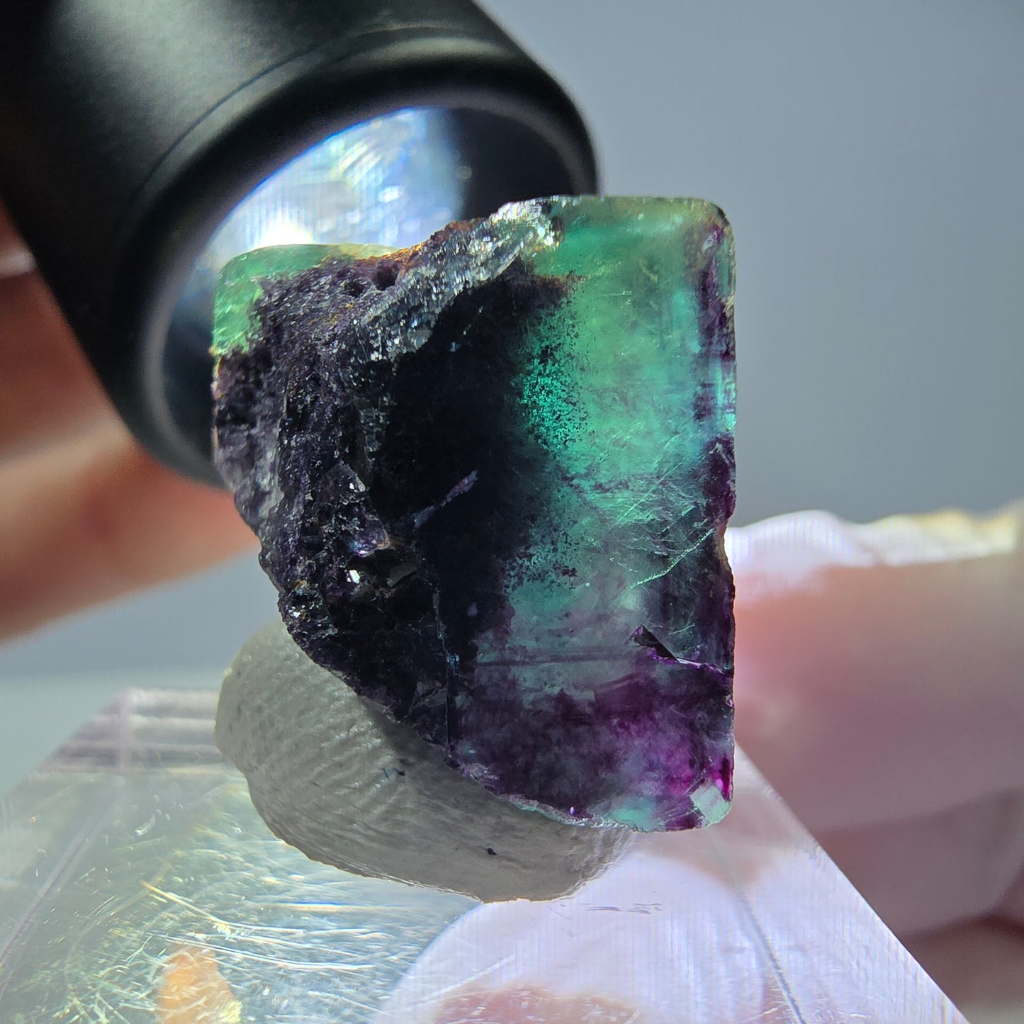 Rare cube de fluorite fantôme parqueté vert violet Okorusu Namibie 18*18*16mm
