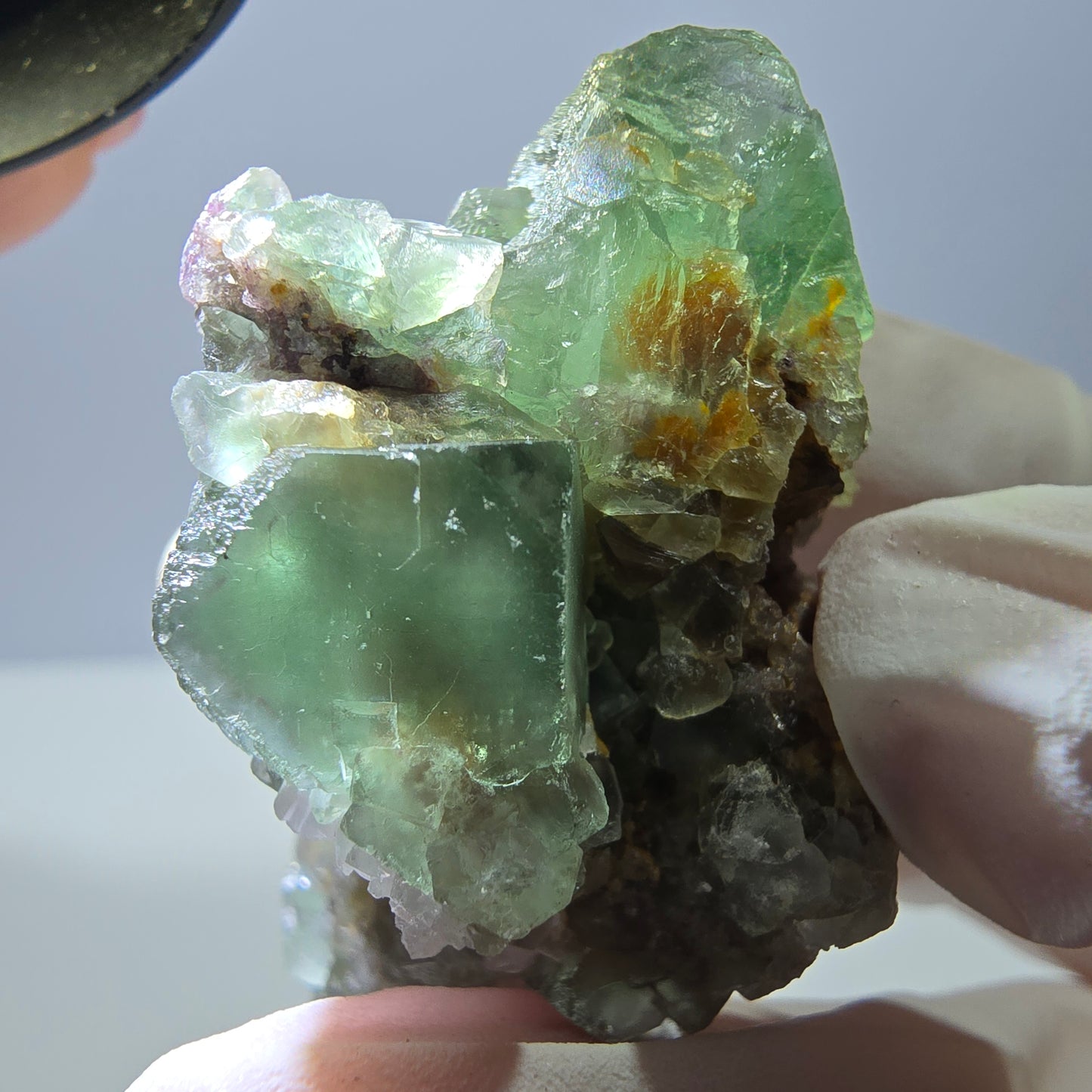 Rare cube de fluorite fantôme, spécimen de quartz vert violet Okorusu Namibie 47 x 28 x 25 mm