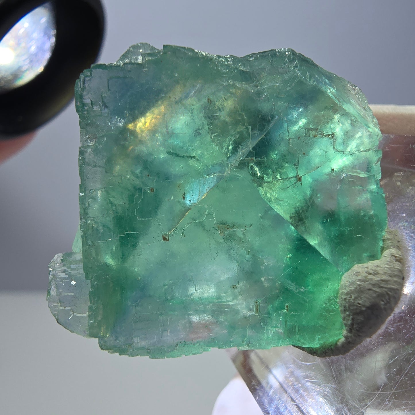 Cube de fluorite fantôme transparente parquetée, vert Okorusu, Namibie 28 x 25 x 14 mm
