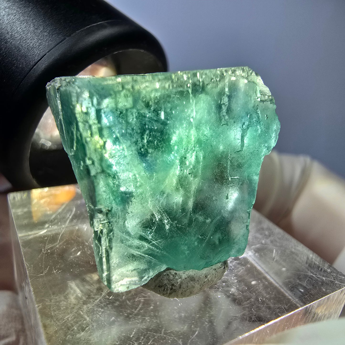 Cube de fluorite fantôme transparente parquetée, vert Okorusu, Namibie 20 x 18 x 15 mm