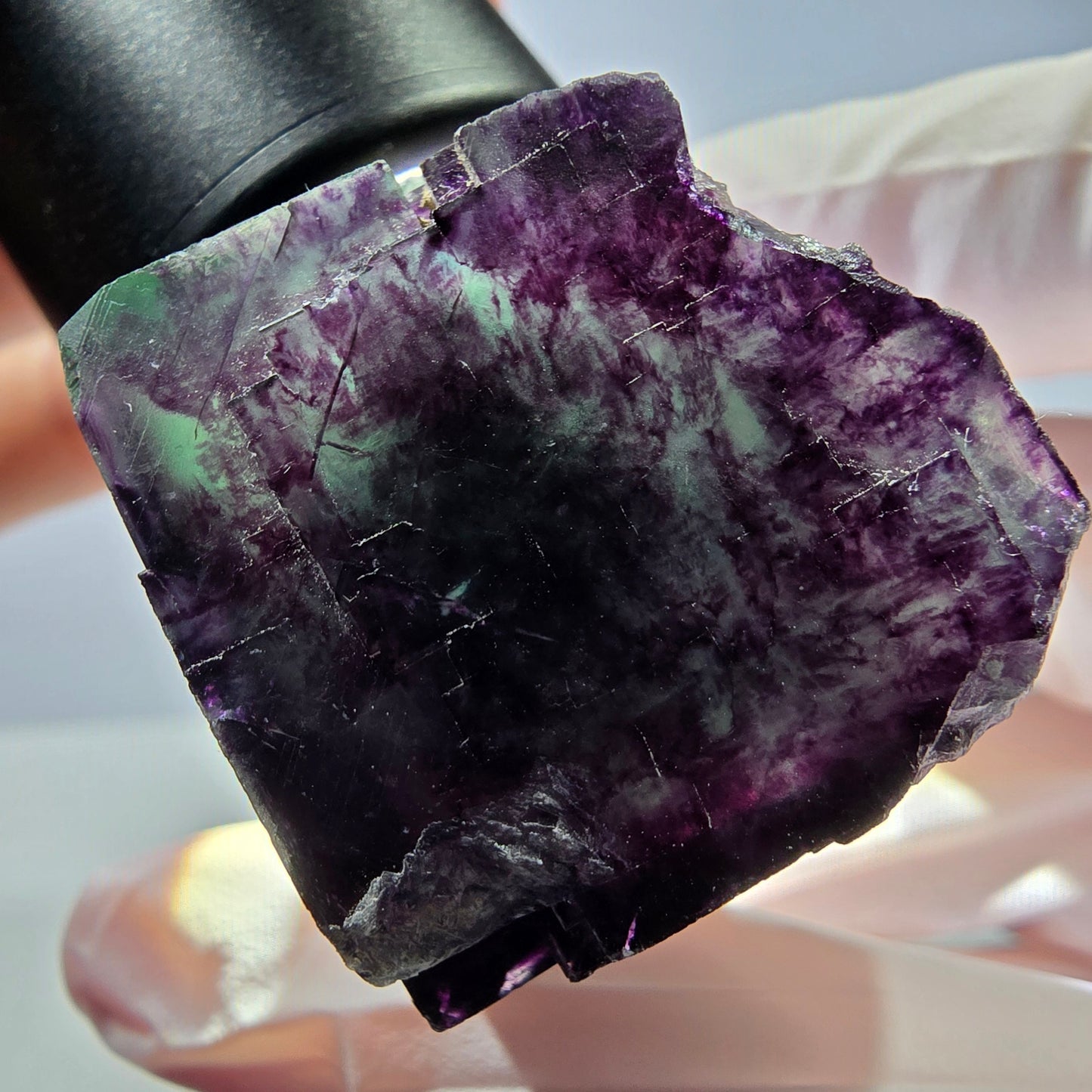 Rare cube de fluorite fantôme parqueté vert violet Okorusu Namibie 29*27*27mm