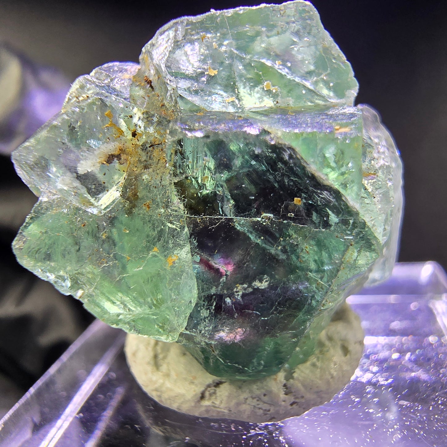 Klare Phantom Fluorit XX Würfel Stufe grün lila 23*19*17mm aus Okorusu, Namibia