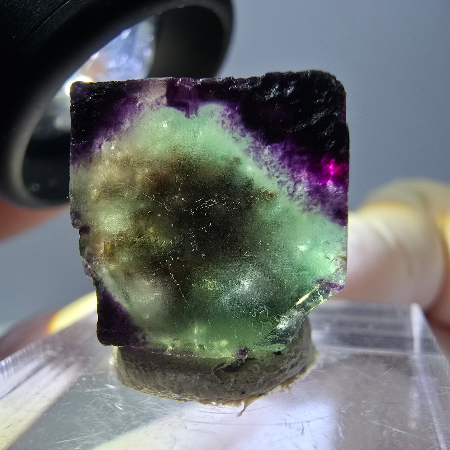 Cube de fluorite fantôme parqueté, zonal, vert violet Okorusu, Namibie 15*15*10mm