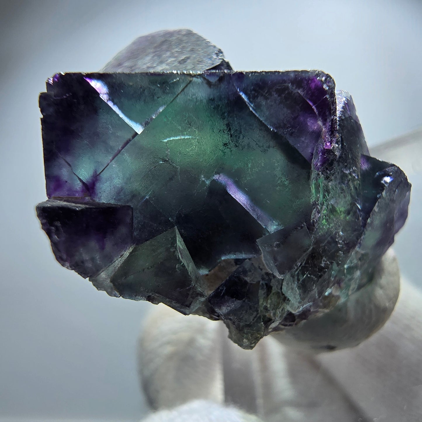 Spécimen rare de cube de fluorite fantôme, vert zonal et violet, Okorusu, Namibie, 34 x 26 x 17 mm