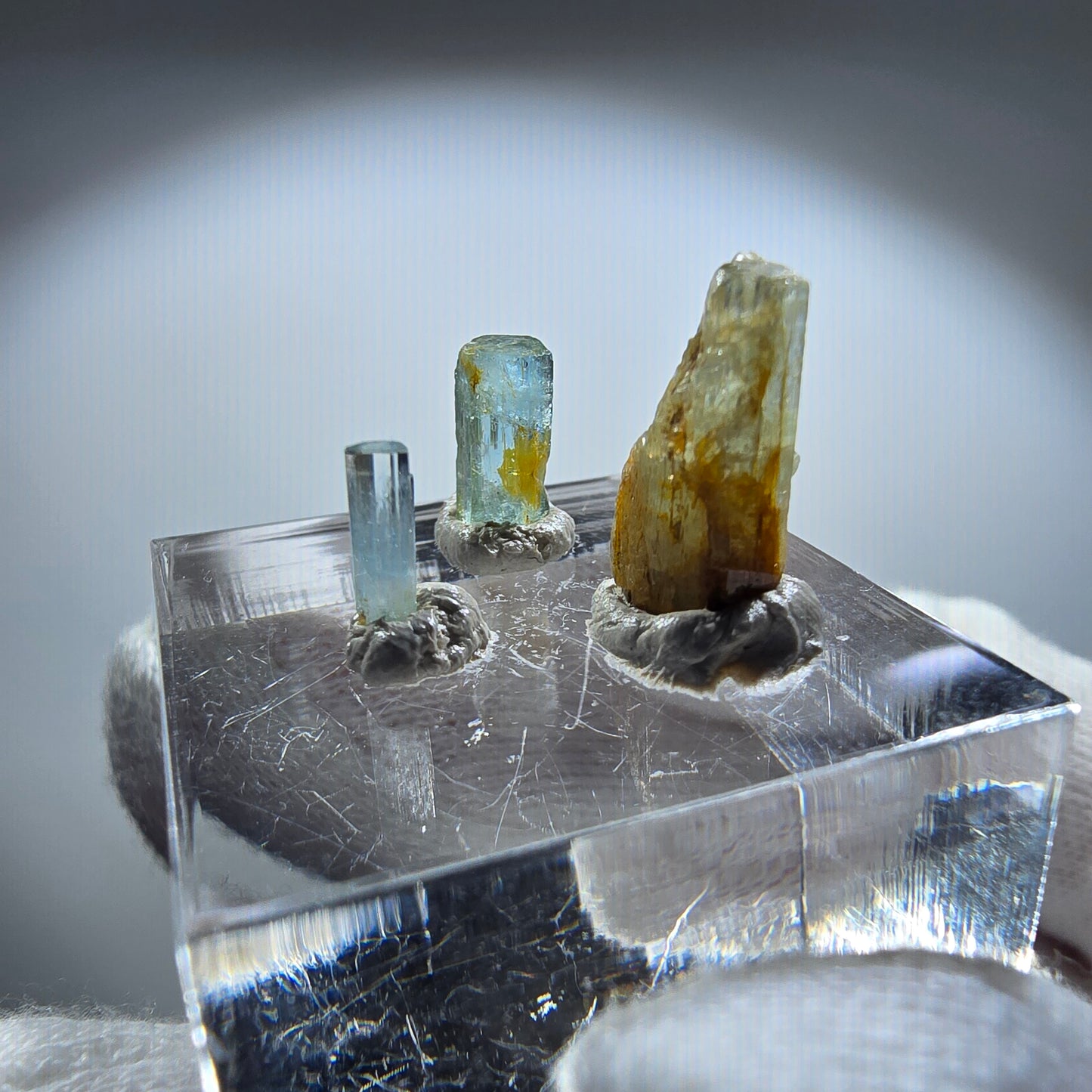3x Aquamarin Kristalle, blau - 3er Set Erongo, Namibia 7-14mm