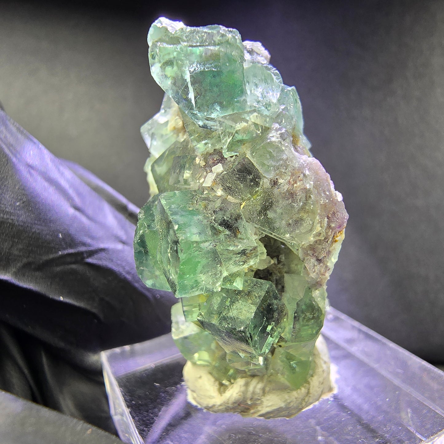 Sehr klare Zonare Fluorit XX Würfel Stufe grün lila 36*22*16mm Okorusu, Namibia