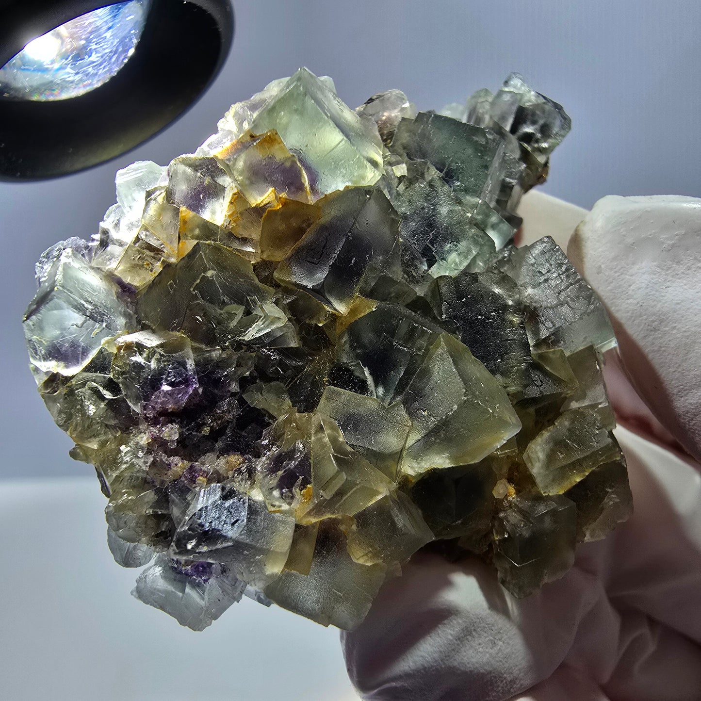 Spécimen de cube de fluorite fantôme transparente, vert-violet, Okorusu, Namibie, 54 x 41 x 22 mm
