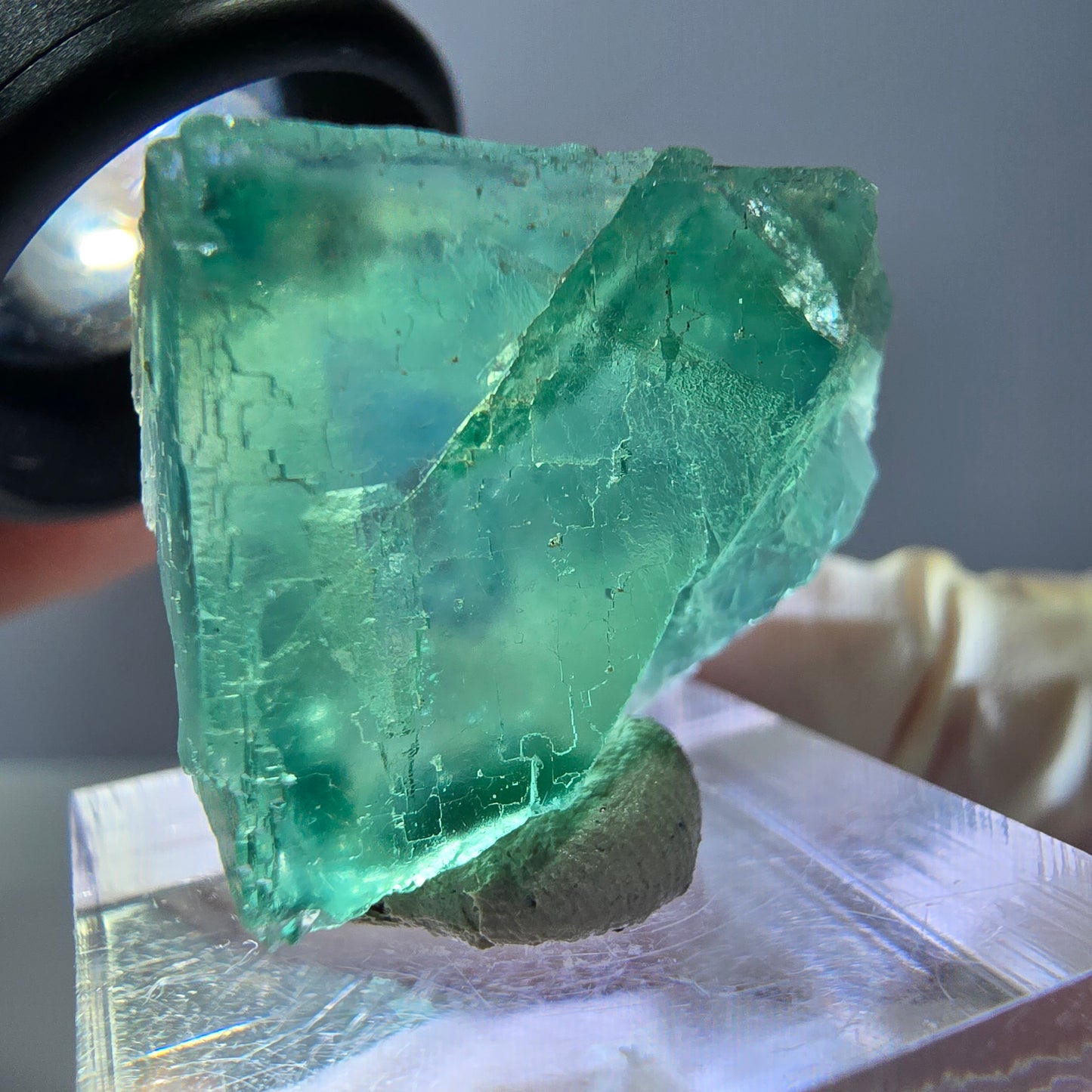 Cube de fluorite fantôme transparente parquetée, vert Okorusu, Namibie 28 x 21 x 10 mm