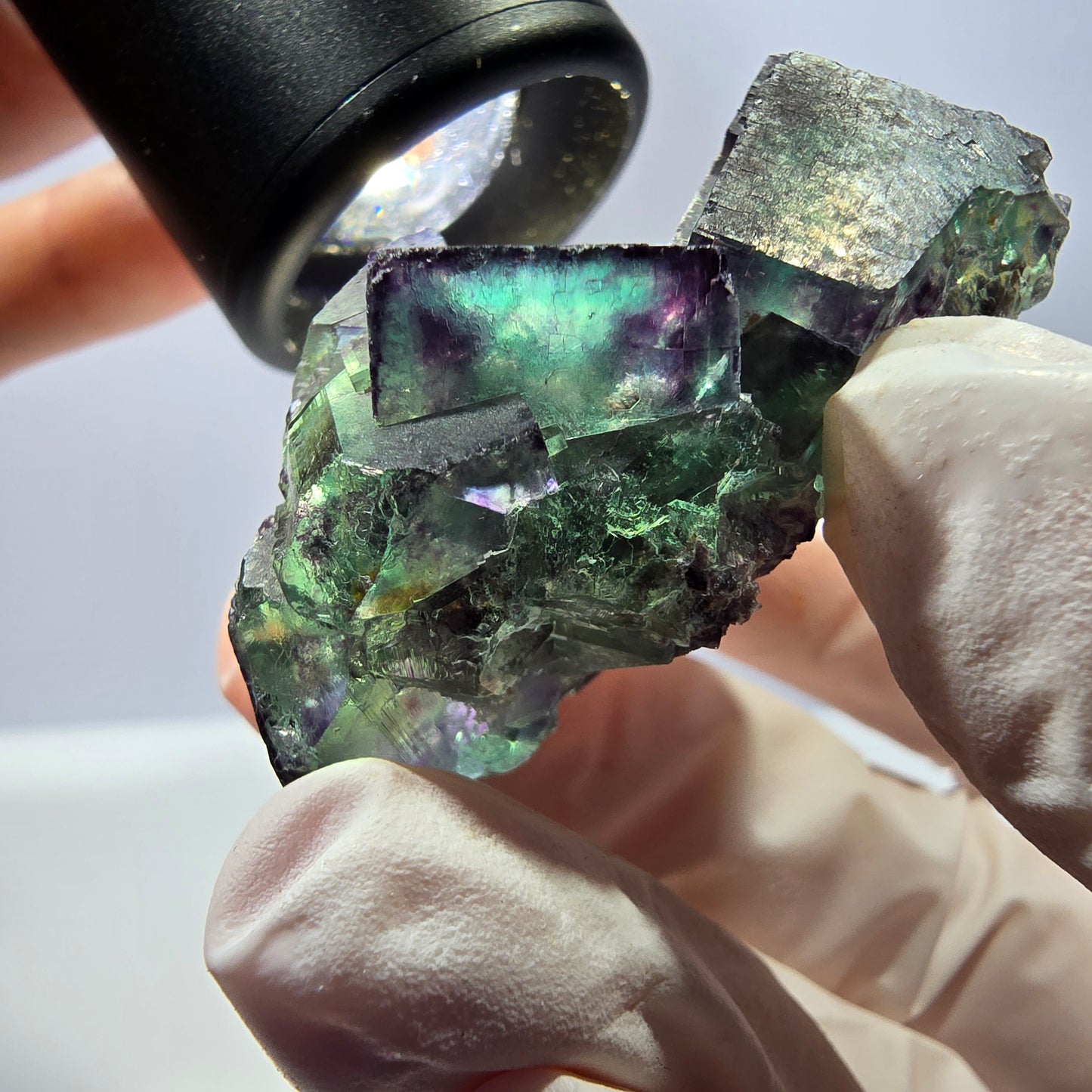 Spécimen de cube de fluorite fantôme parqueté vert violet Okorusu, Namibie 47*36*22mm