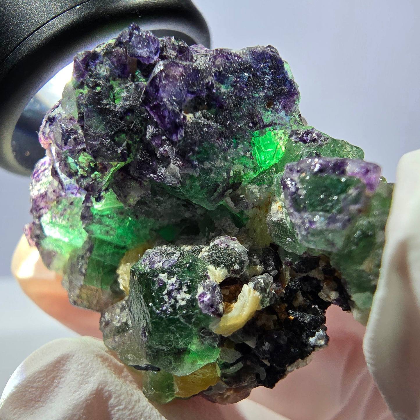 Cube de fluorite fantôme, zonal, muscovite, spécimen de tourmaline Schorl, Erongo, Namibie, 43 x 30 x 28 mm