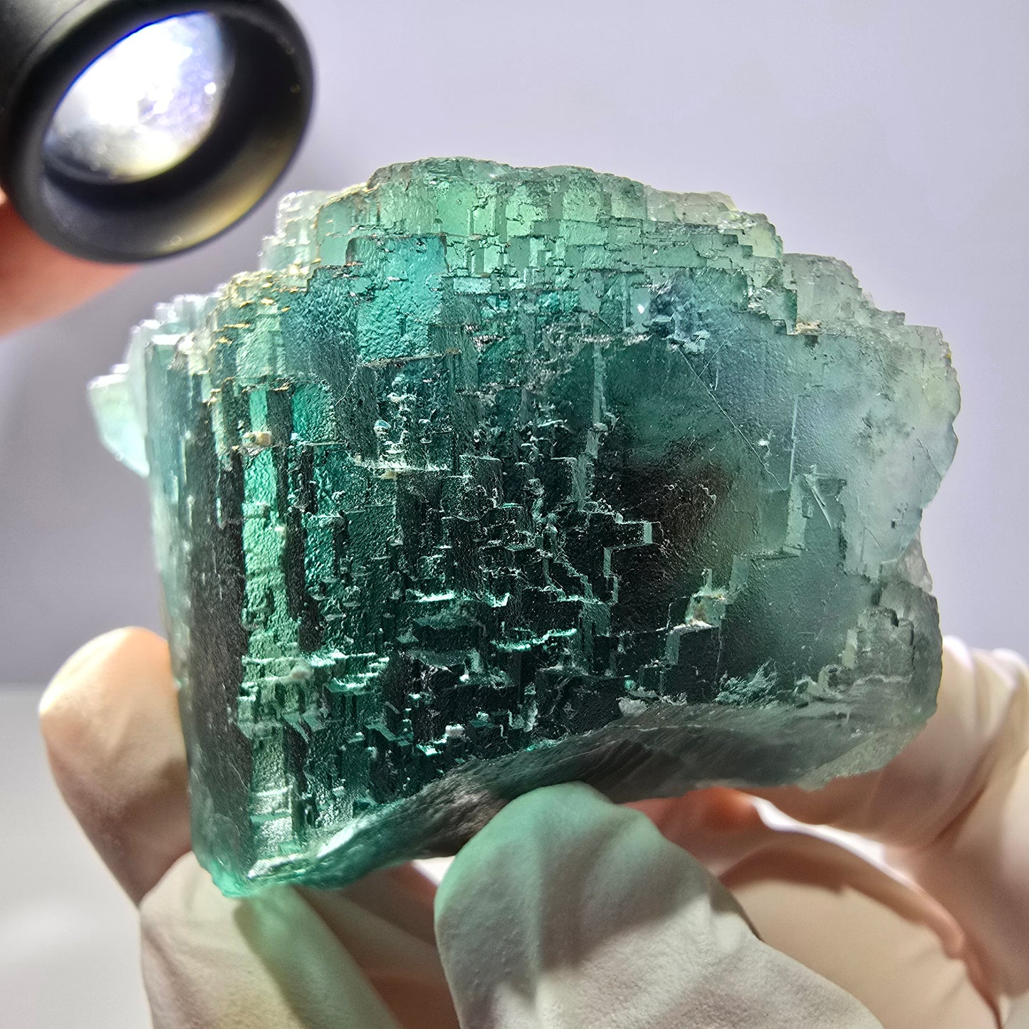 Spécimen de cube de fluorite fantôme transparente, vert parqueté, Okorusu, Namibie, 65 x 46 x 28 mm