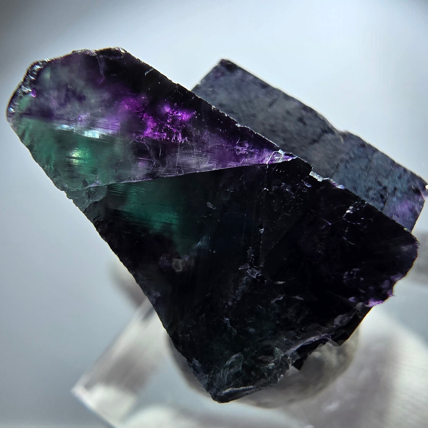 Spécimen rare de cube de fluorite fantôme, vert zonal et violet, Okorusu, Namibie, 27 x 26 x 18 mm