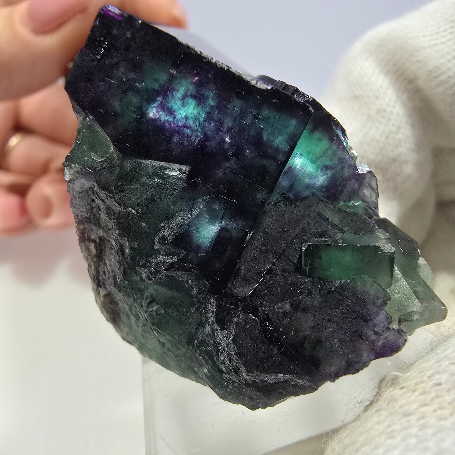 Klare Phantom Fluorit Würfel Stufe zonal grün lila Okorusu, Namibia 36*31*23mm