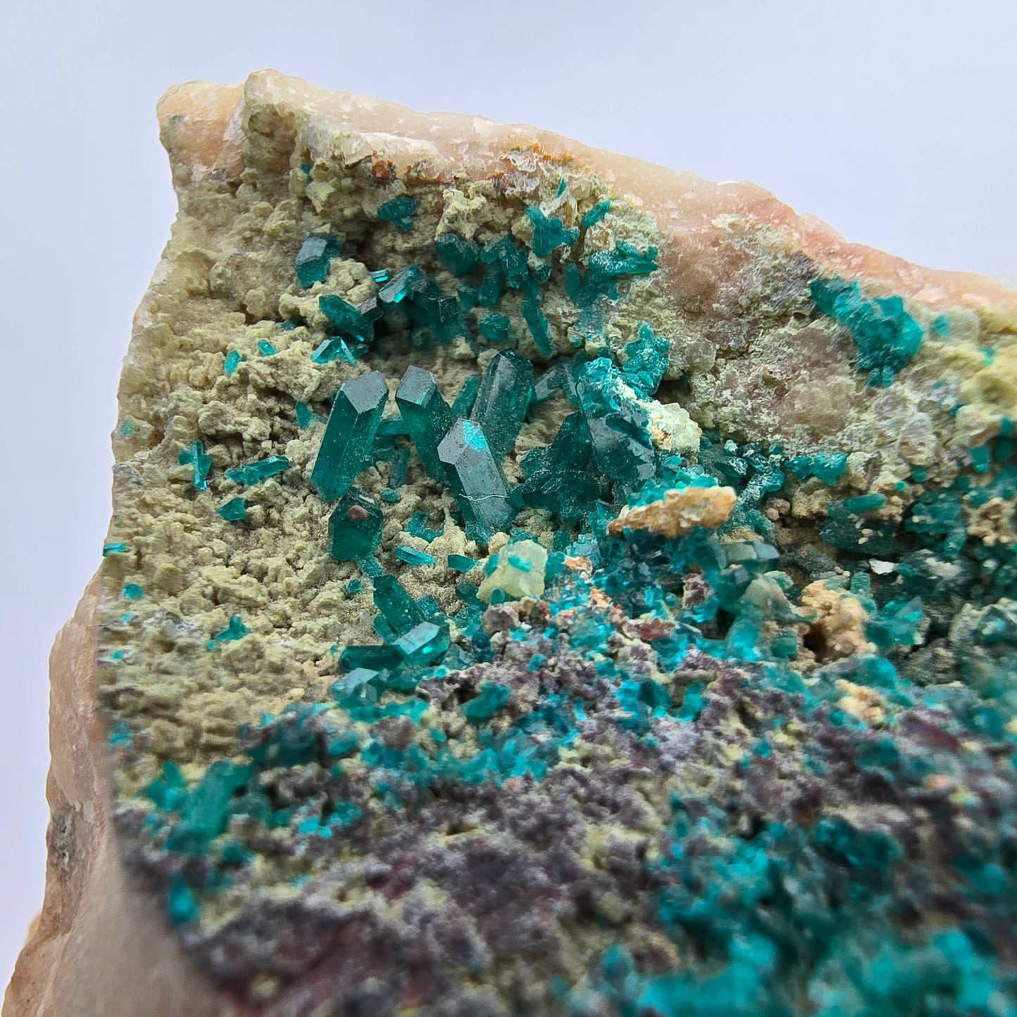 Rare spécimen de dioptase sur quartz Kaokoveld, Namibie 48*42*27mm Collection de minéraux