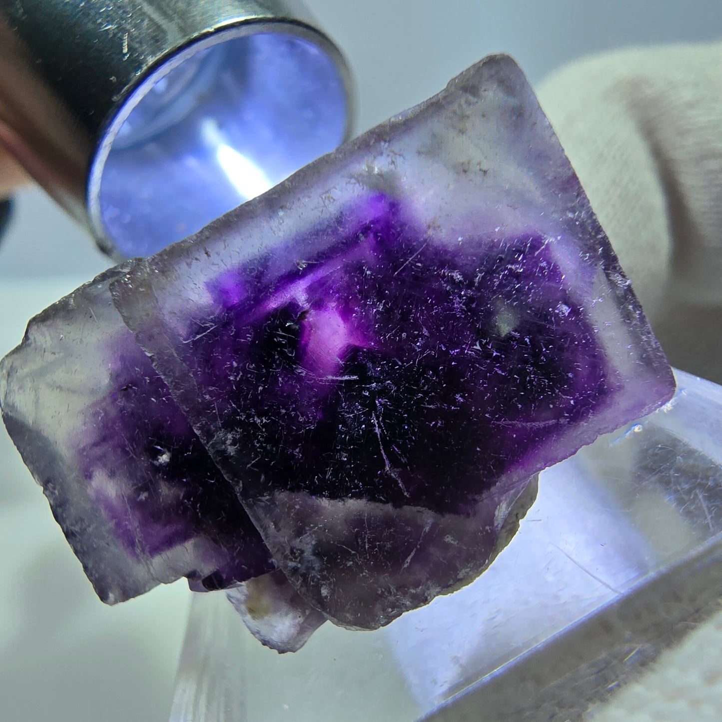 Spécimen de cube de fluorite fantôme, vert violet, Okorusu, Namibie, 26 x 18 x 15 mm