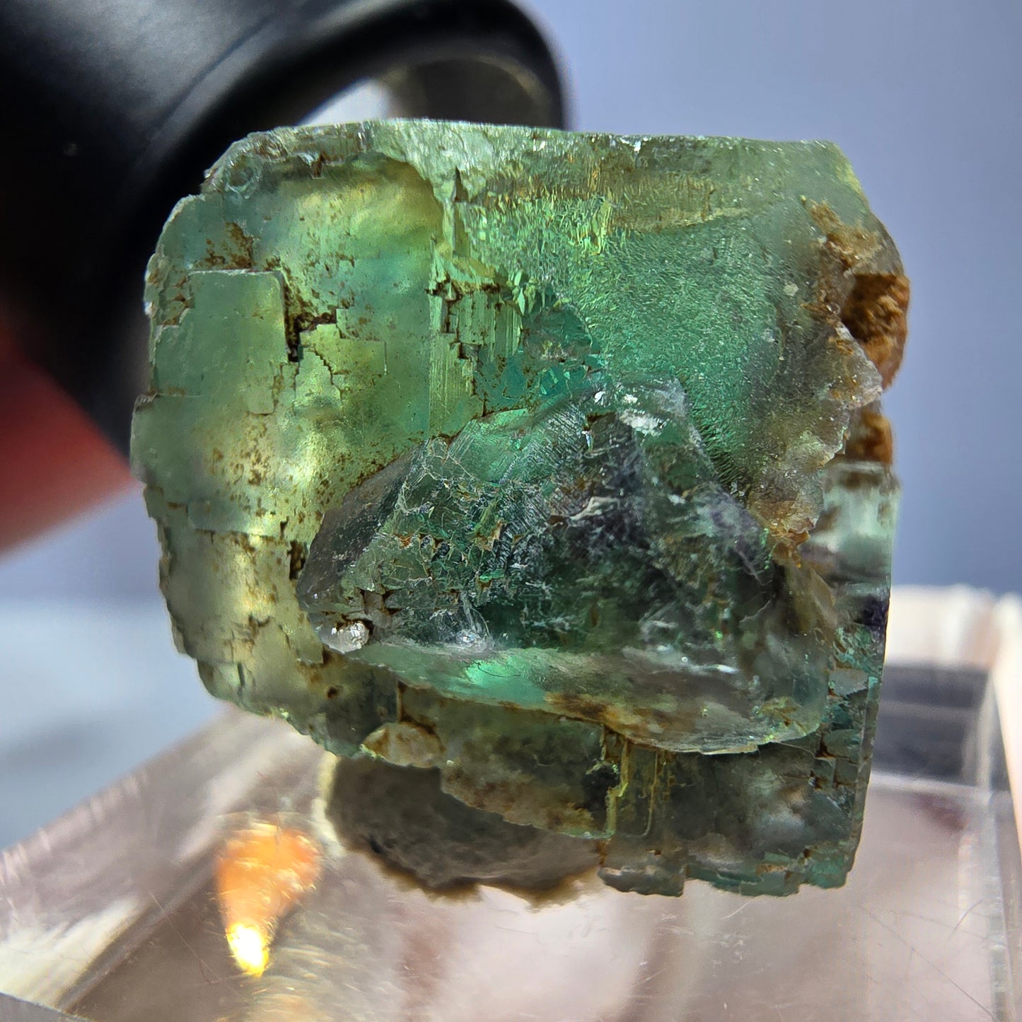 Cube de fluorite fantôme transparente parquetée, vert Okorusu, Namibie 21 x 19 x 19 mm