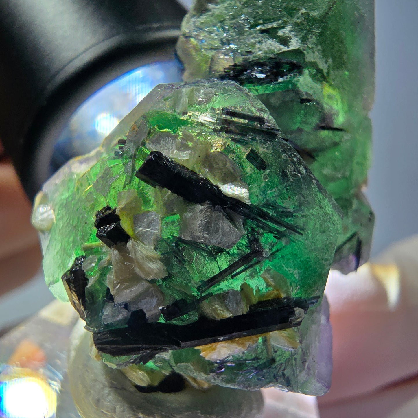 Cube de fluorite fantôme hexagonal, muscovite, tourmaline Schörl Erongo, Namibie 39*25*21mm
