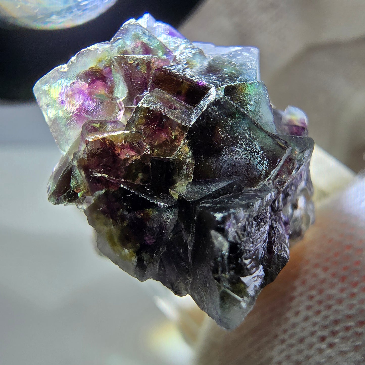 Spécimen de fluorite fantôme colorée, tourmaline scholle, muscovite, Erongo, Namibie, 33 x 29 x 23 mm
