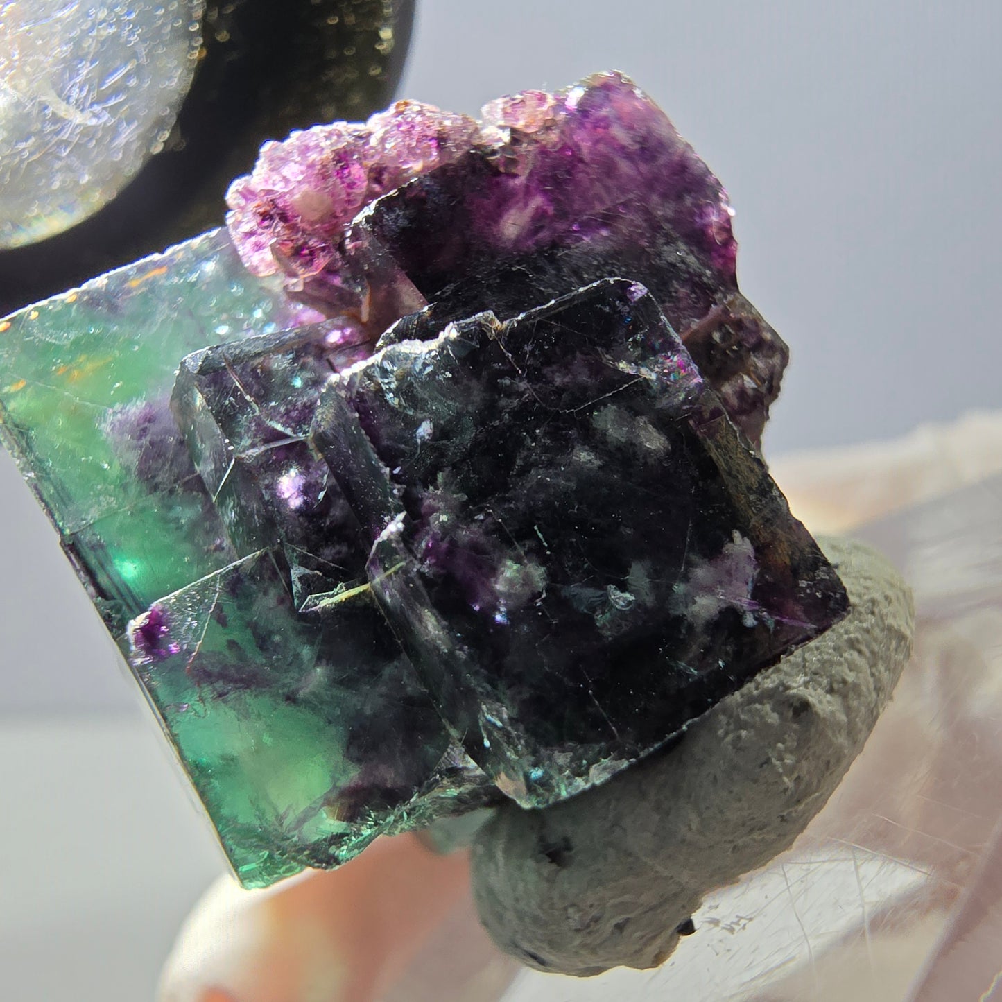 Spécimen de cube de fluorite fantôme, parqueté vert violet Okorusu, Namibie 28*27*22 mm