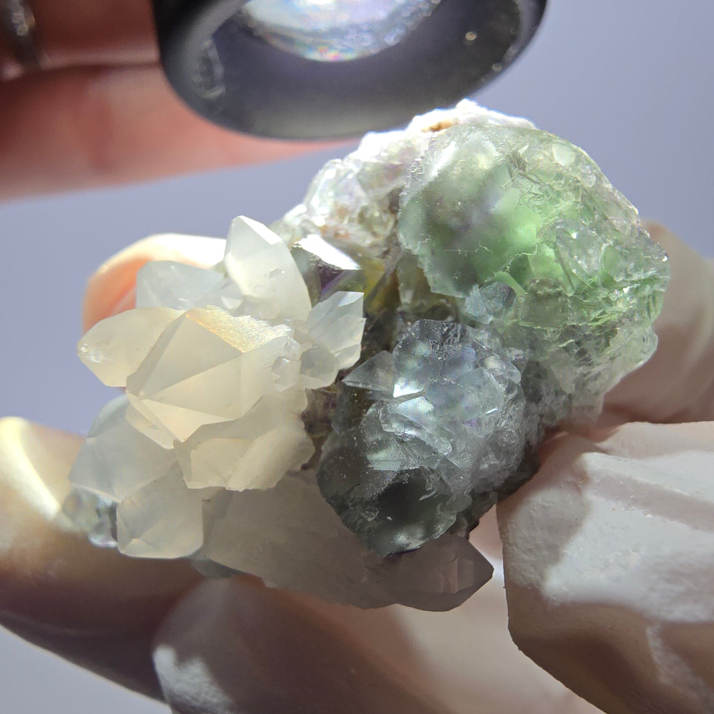 Rare cube de fluorite fantôme, spécimen de quartz vert violet Okorusu Namibie 38 x 27 x 24 mm