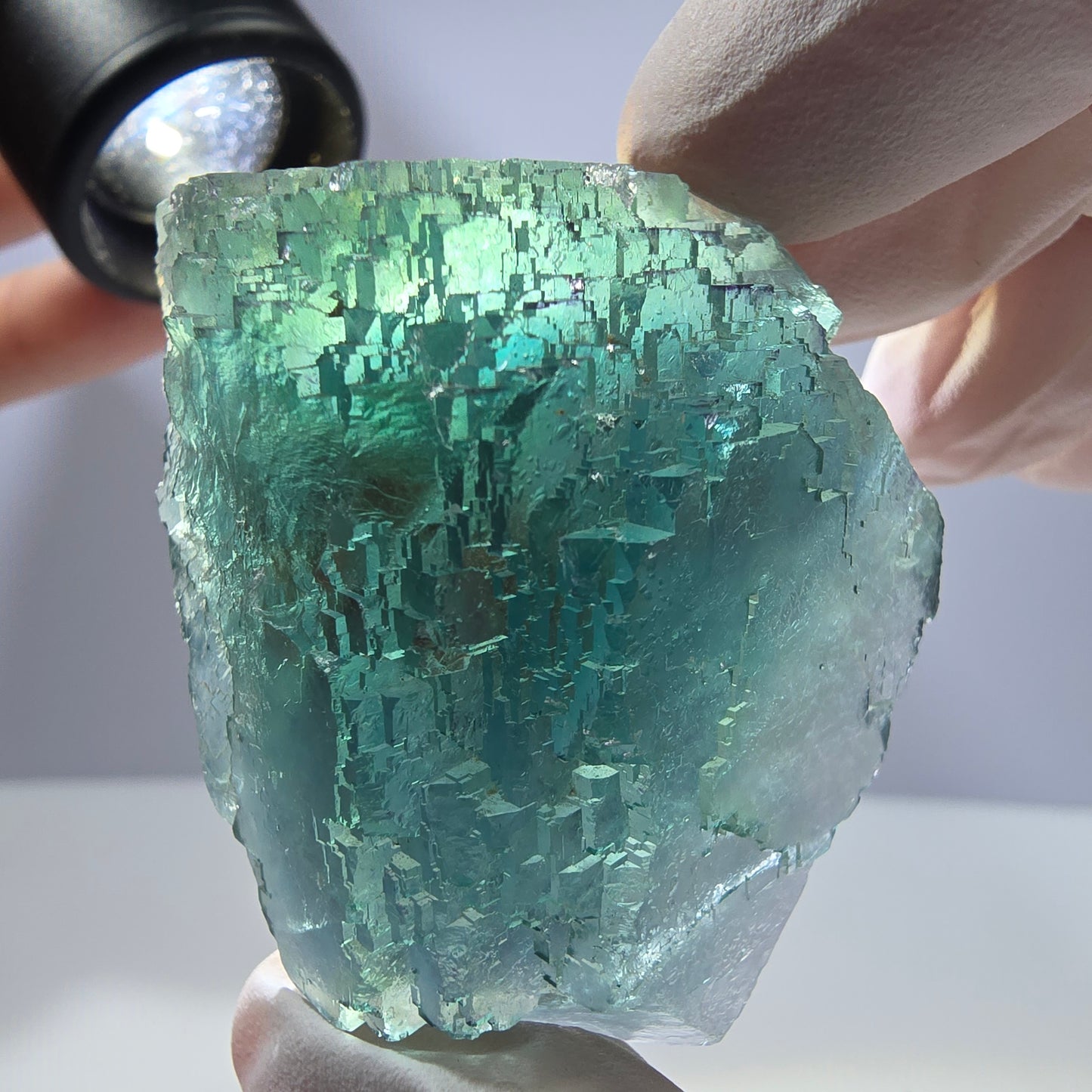 Spécimen de cube de fluorite fantôme transparente, vert parqueté, Okorusu, Namibie, 47 x 40 x 22 mm
